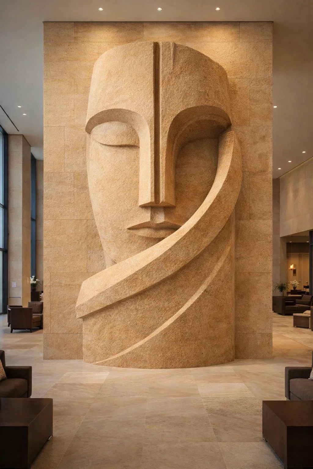 Digital sculptural concept and commercial production license for sale. Unique monumental face wall sculpture for luxury architectural spaces. Solaro Art Collection