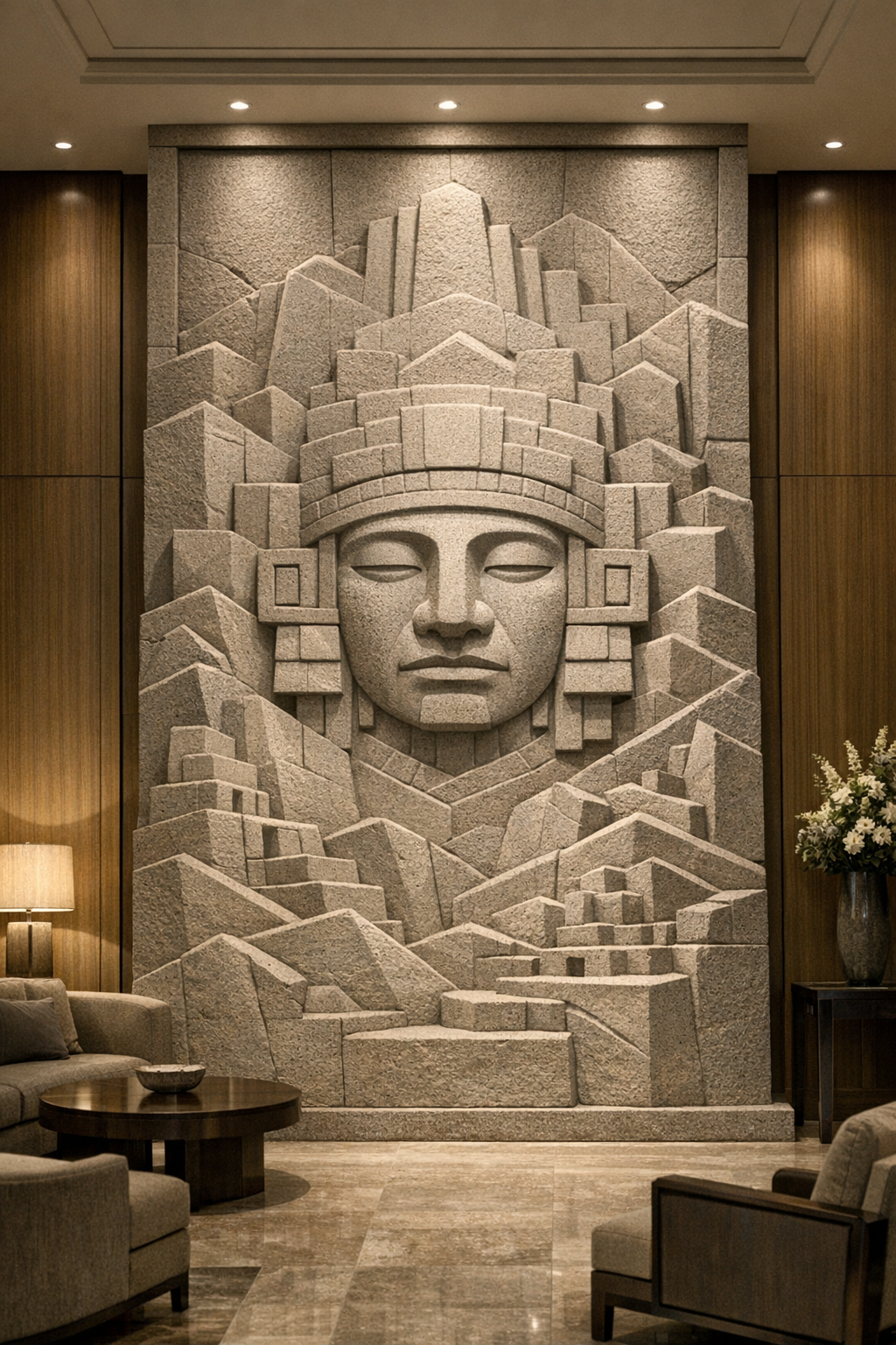 Large stone wall sculpture of a ancient Mayan face with headdress made of geometric shapes, in a lobby with wooden paneling.
