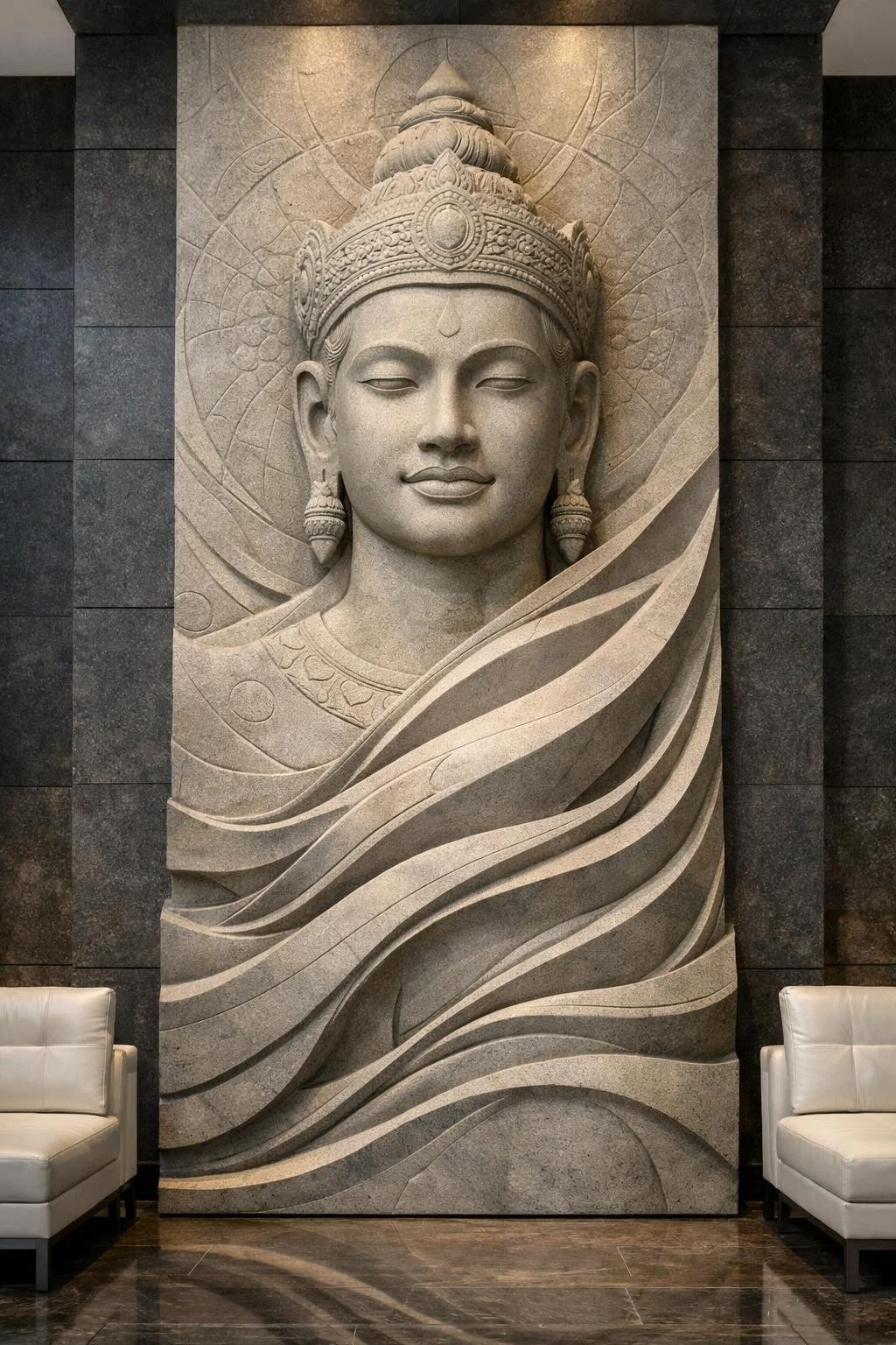 Custom large-scale vertical wall sculpture, Khmer inspired, organic relief carved in grey sandstone. Ideal for luxury hotel or architectural projects. by Solaro Art Collection.