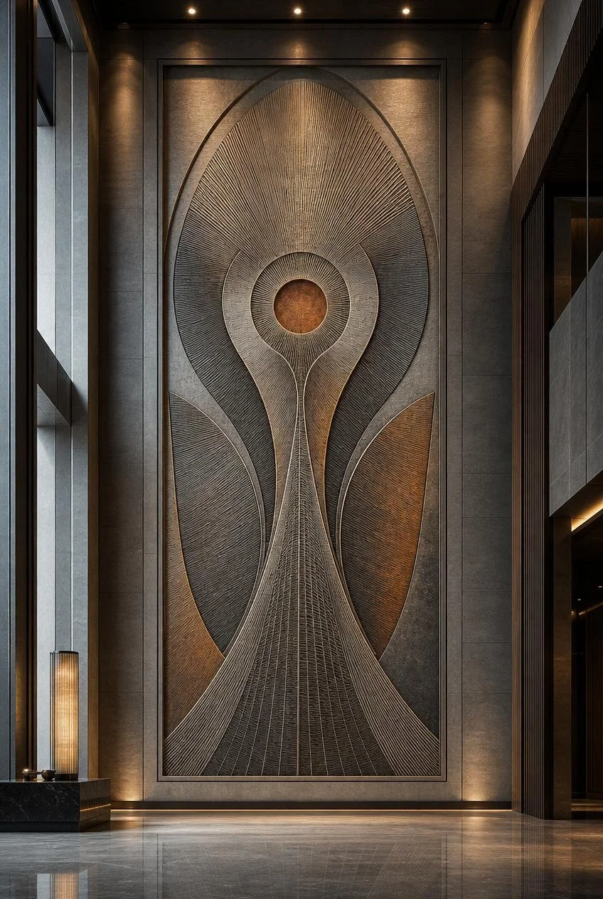 Large multitone wall relief panel combining sculptural relief and geometric precision inside a luxury interior hall