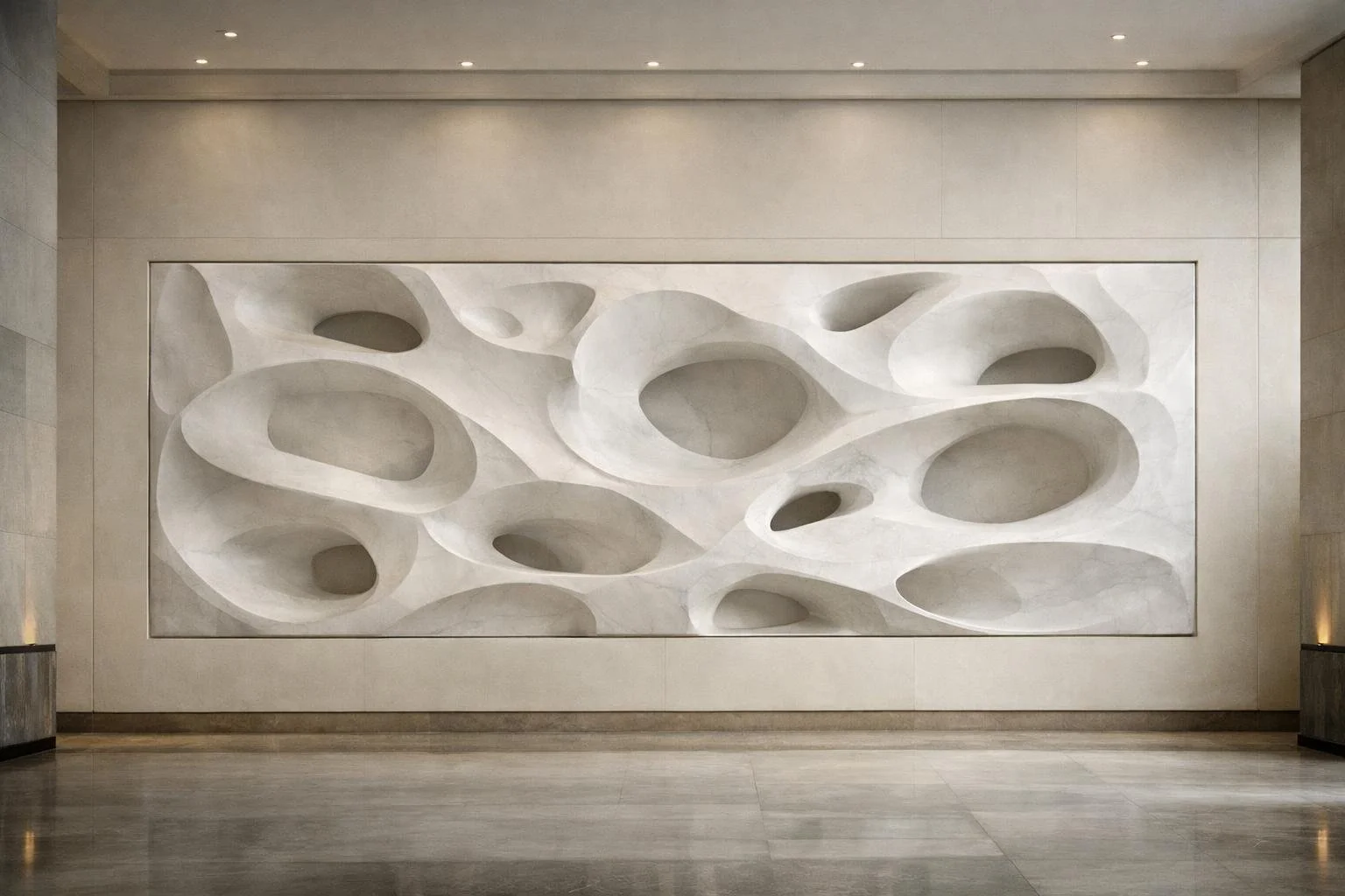 Unique monumental wall bas relief in white marble, organic abstract style. For luxury interiors, Solaro Art Collection