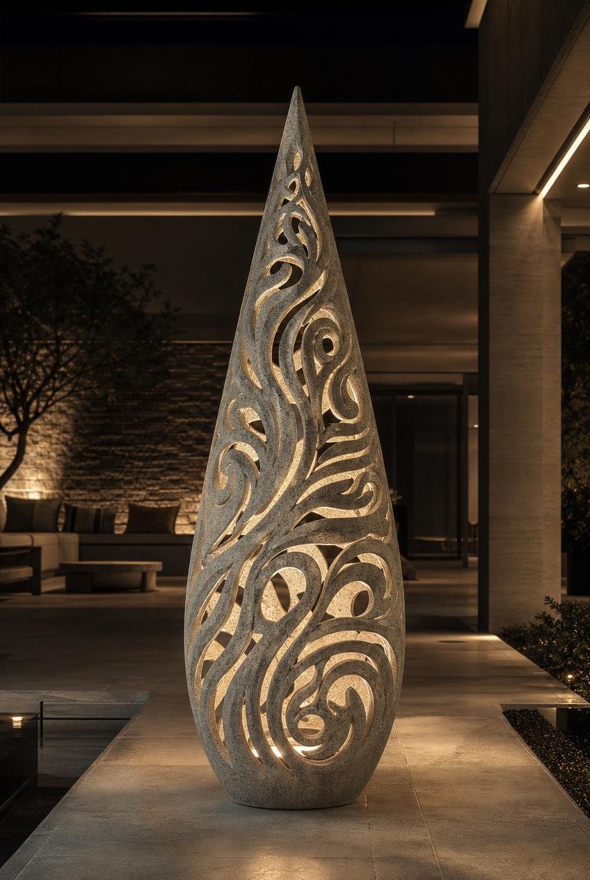 Large light sculpture in stone inspired by movement of wind