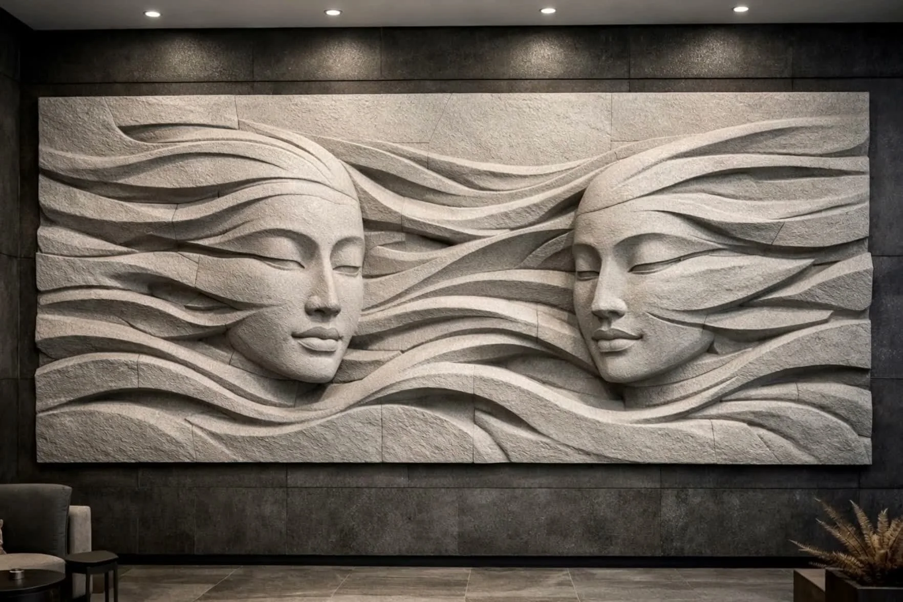 Custom monumental Asian contemporary wall art sculpture, dual faces in flowing relief, ideal for lobby or other architectural incorporation. By Solaro Art Collection.