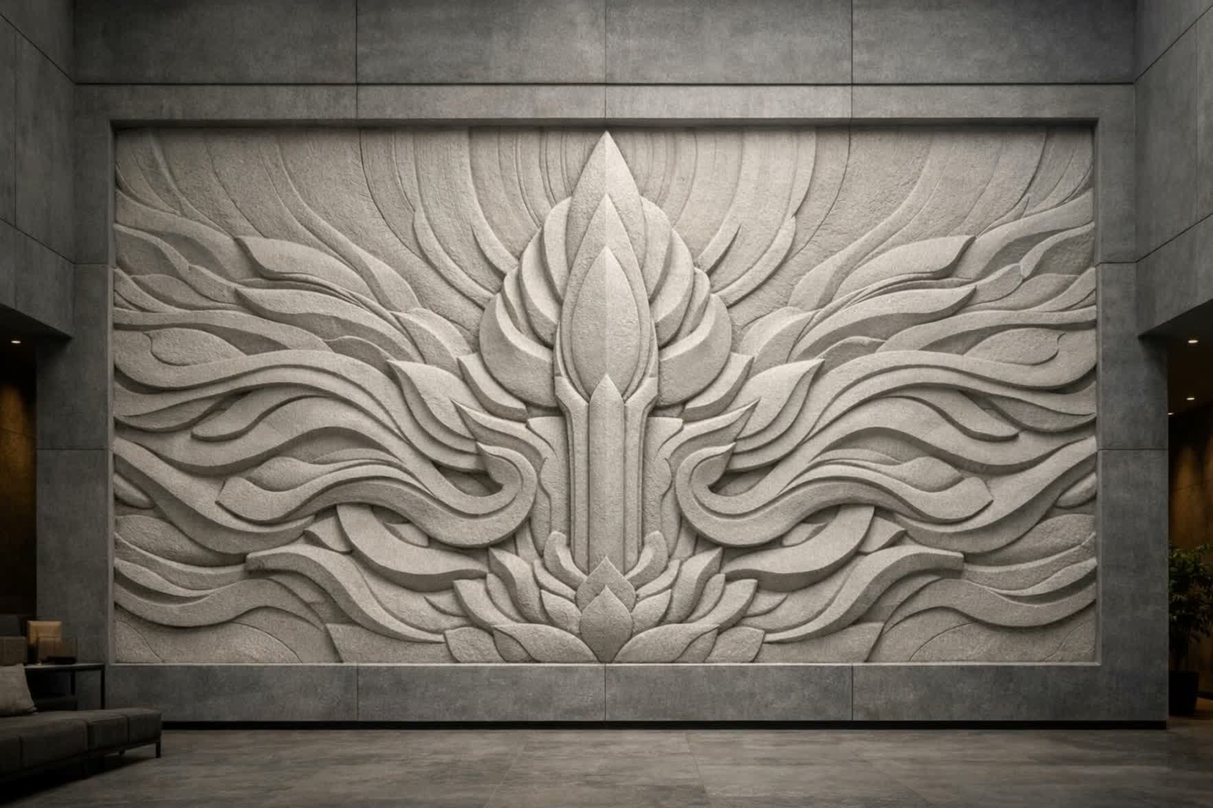 A large, intricate carved stone wall with a symmetrical, floral-inspired design in a lobby or public space.