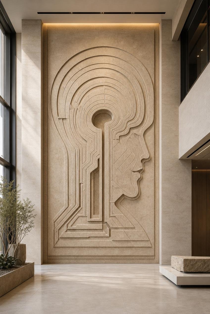 Futuristic knowledge wall sculpture for corporate building . Solaro Art