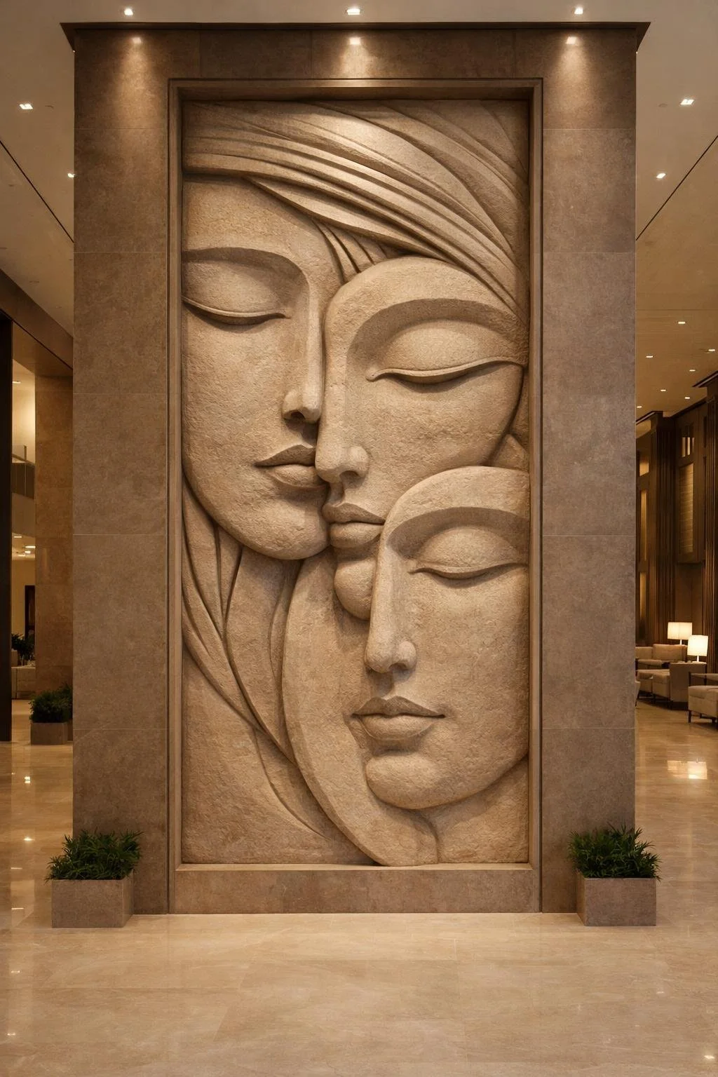 Monumental multi-face wall sculpture for luxury lobbies or other architectural public spaces. Solaro Art Collection