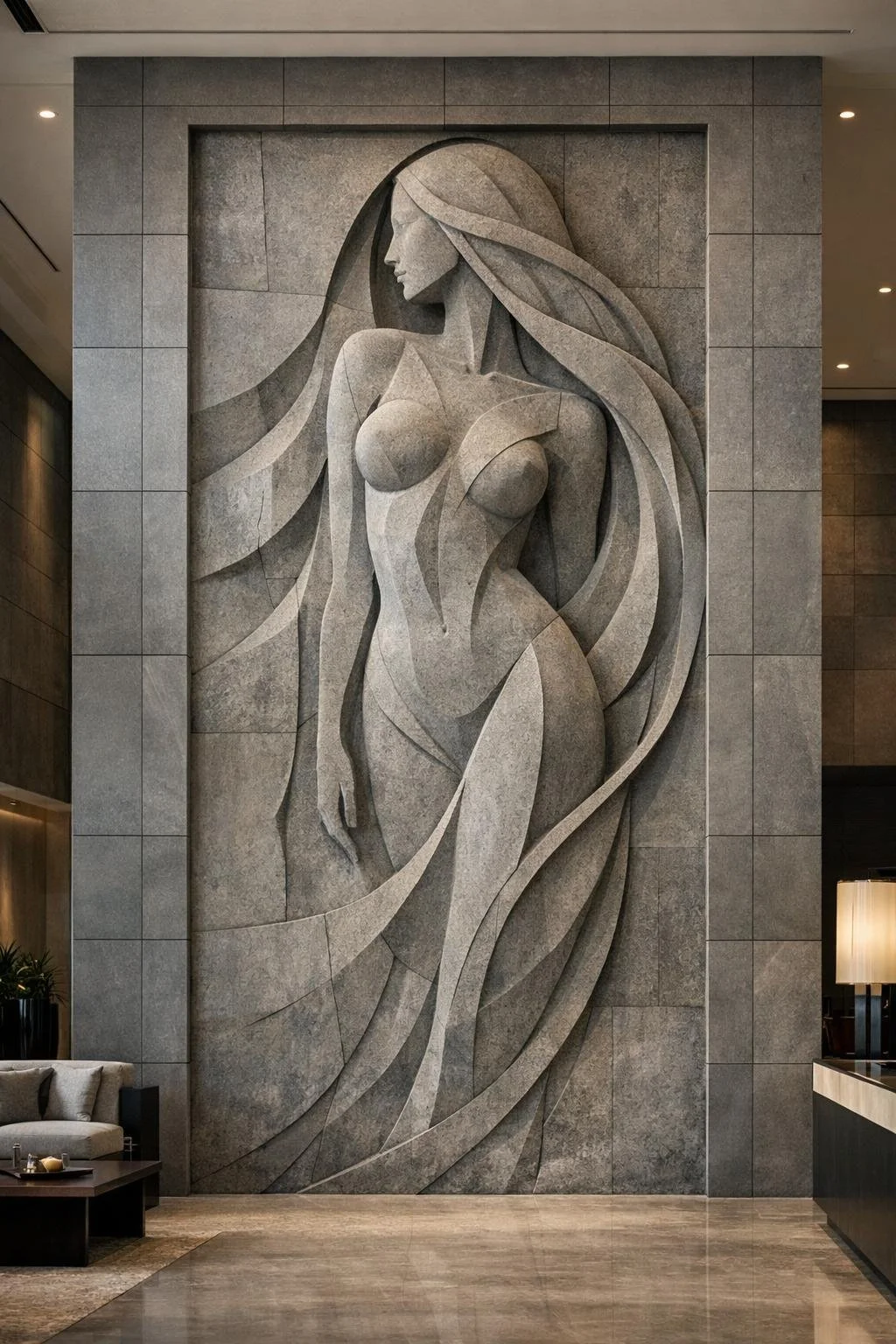 Architectural stone-carved wall relief, modern abstract female silhouette in natural stone. Solaro Art Collection