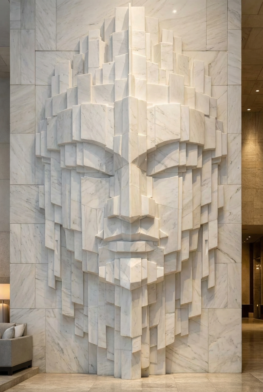 A large three-dimensional marble sculpture of a human face mounted on a marble wall in a modern interior space.