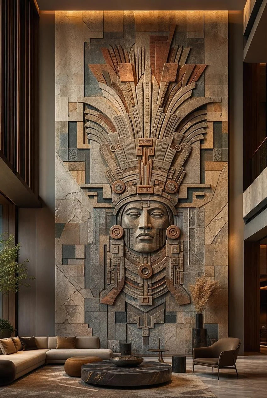 Large Mesoamerican inspired multicolor stone wall relief for luxury interiors