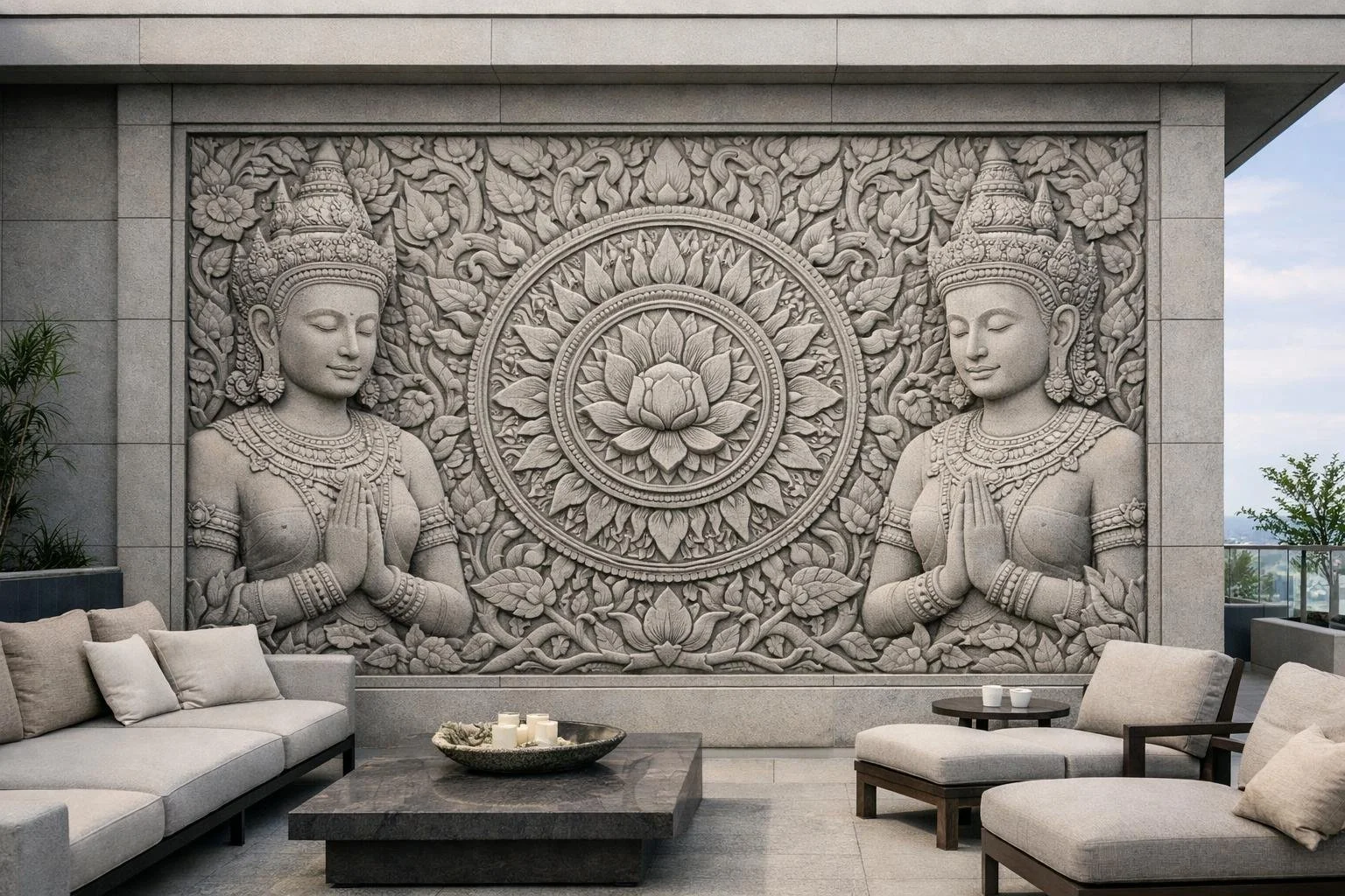 A large stone wall relief of two meditative Khmer female figures in traditional attire, surrounded by floral and lotus motifs.