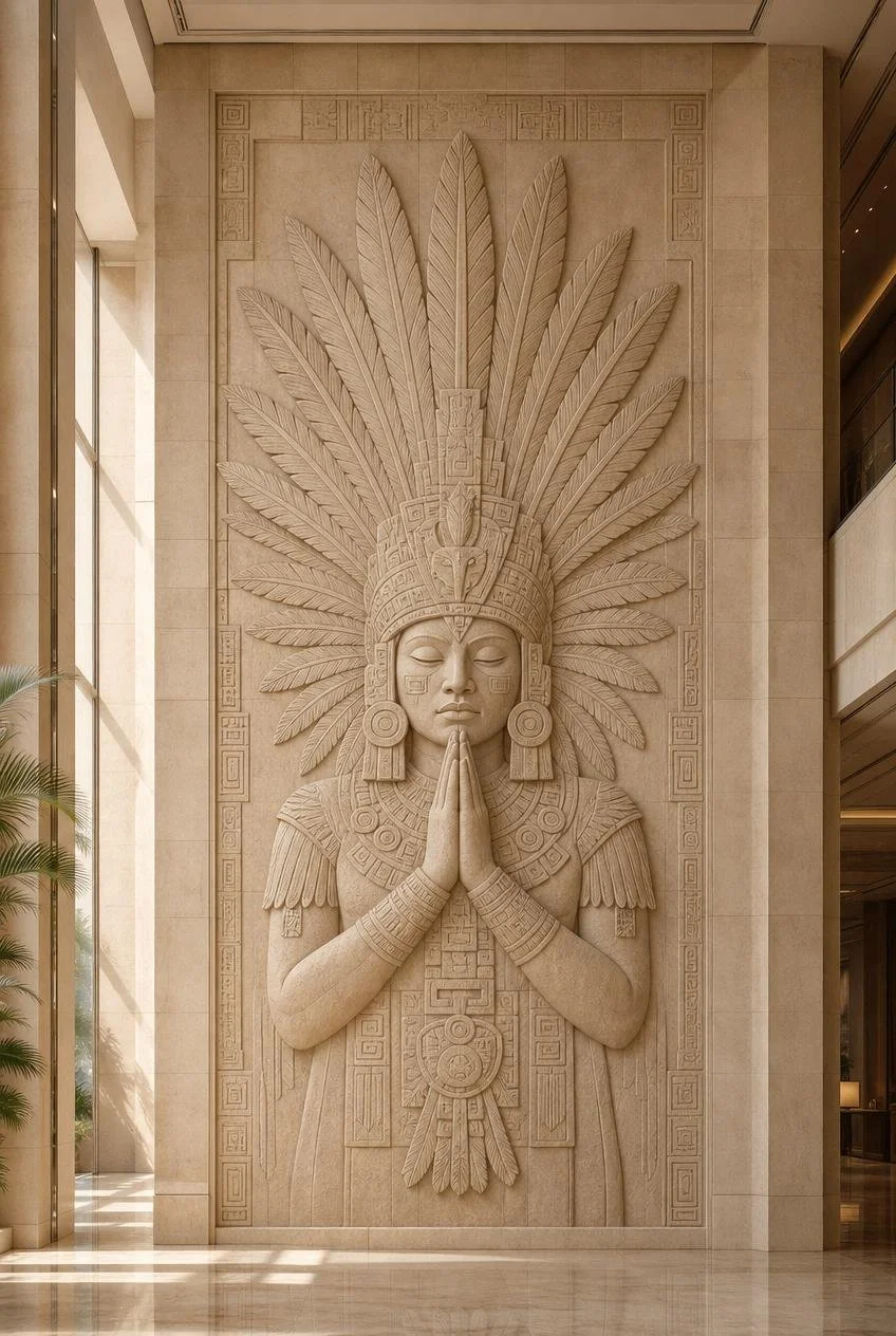 Contemporary Large-Scale Mesoamerican Goddes stone-carved wall sculpture for luxury spaces - Solaro Art Collection