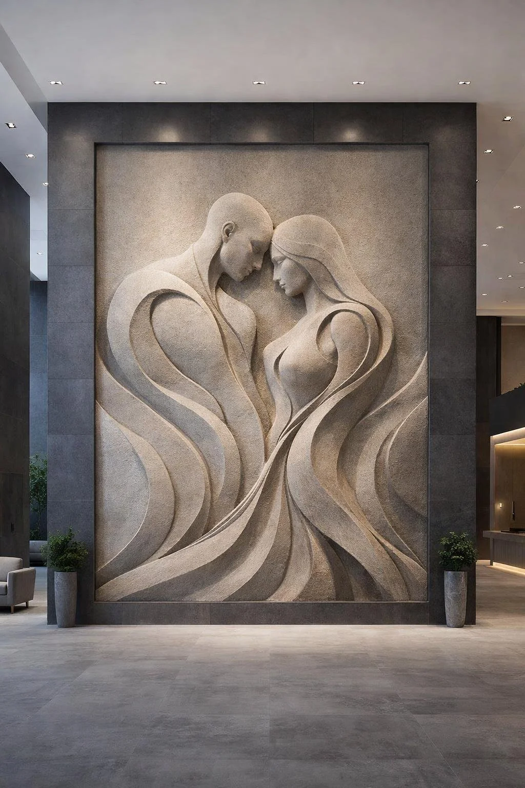 Monumental fluid figurative vertical wall sculpture for luxury hotels or other public spaces. Singular artwork made to order. Solaro Art Collection