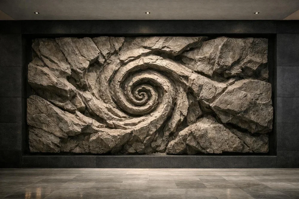 Monumental stone wall relief featuring a deep cerved spiral design with raw mineral texture