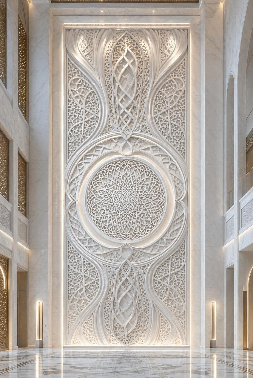 Intricate white marble wall with ornate geometric and floral patterns in a luxurious interior space with arched doorways and soft lighting.