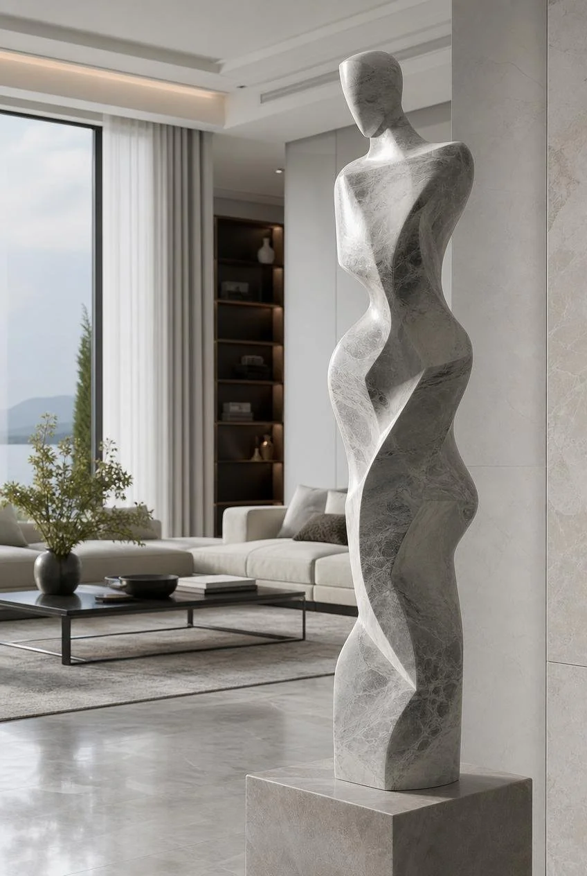 abstract human form sculpture in grey marble