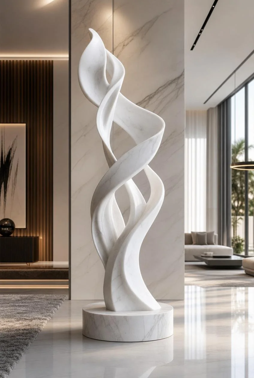abstract spiral form white marble sculpture