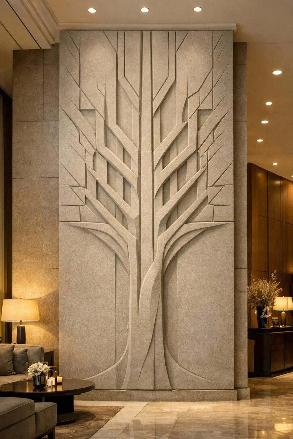 Monumental abstract stone wall sculpture with vertical geometric and organic lines. Architectural sculptural feature wall designed for luxury contemporary interiors.