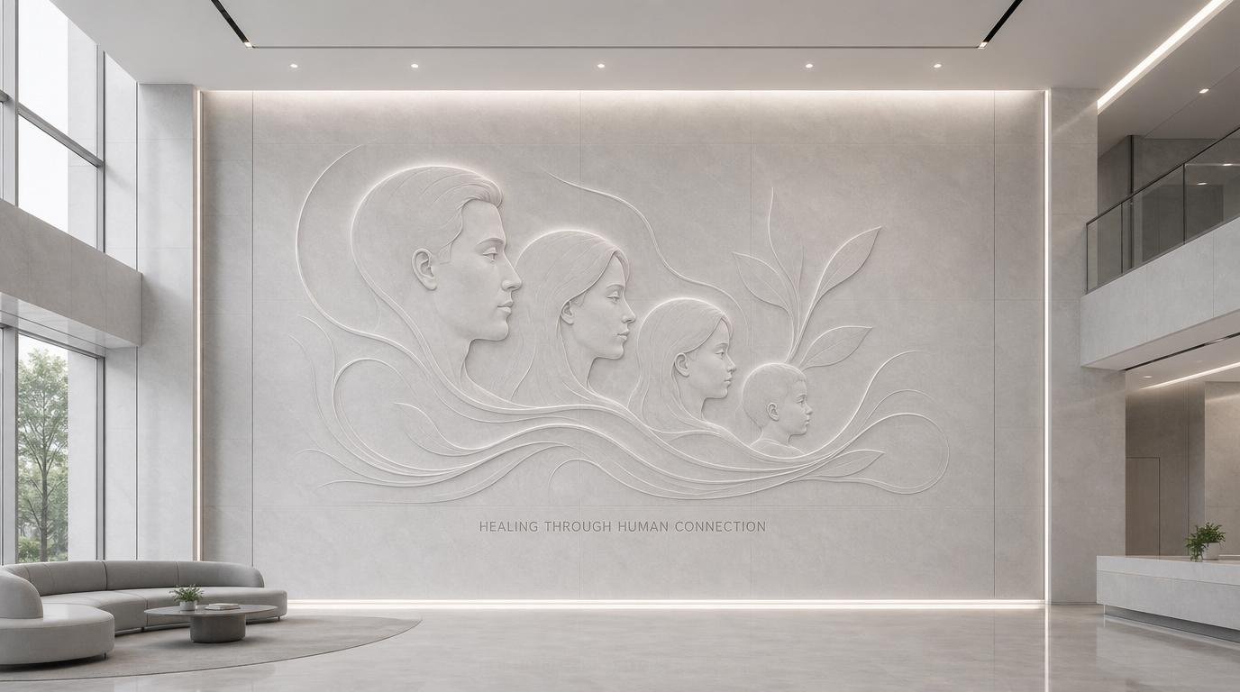 Horizontal monumental wall sculpture representing a family in a luxury hospital entrance