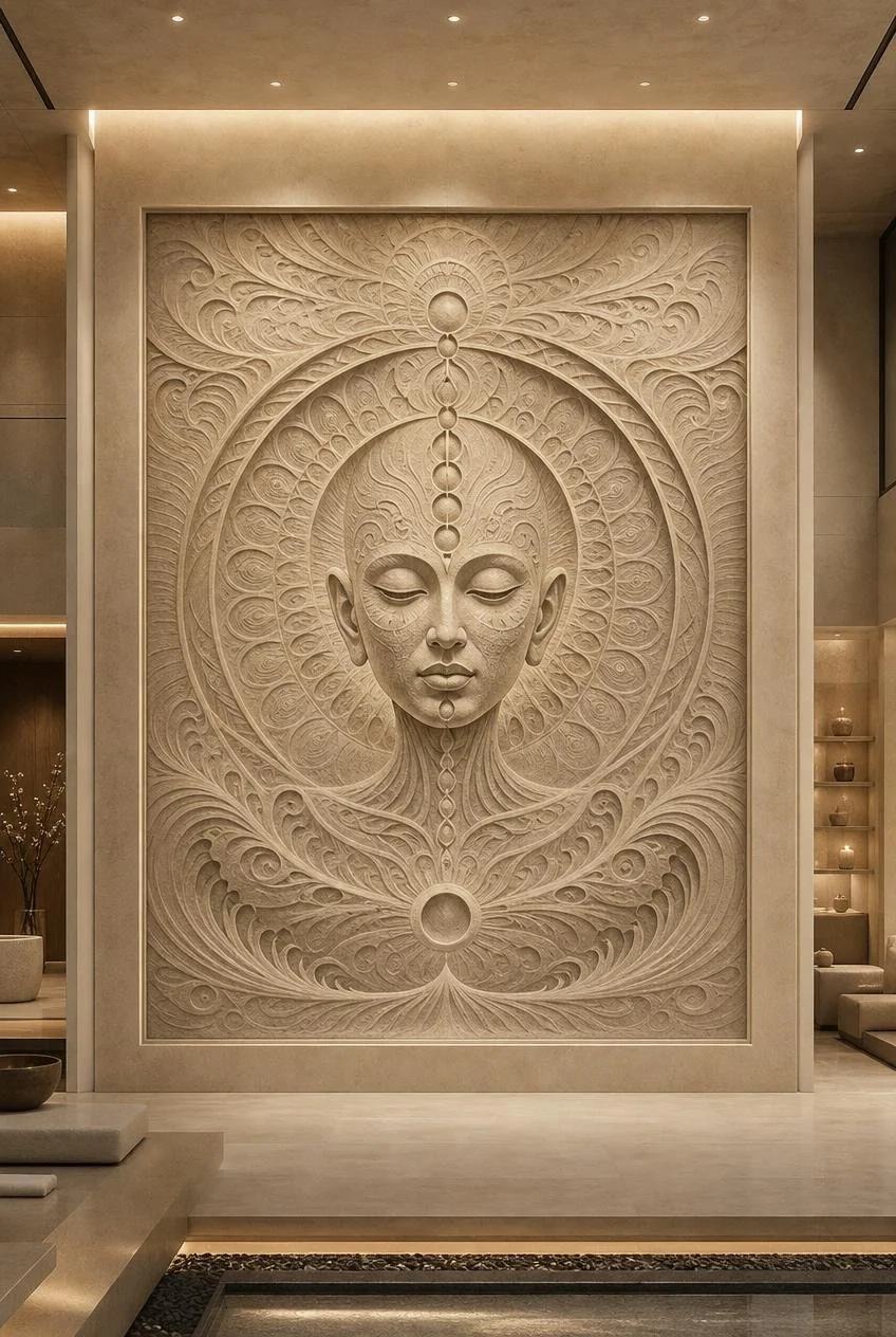 Sacred meditative face wall sculpture for spa and wellness center interiors