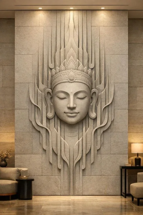 Asian inspired divine wall relief in sandstone from Angkor. Solaro Art Collection