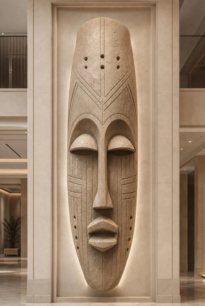 Beige sandstone vertical african mask deep relief wall sculpture inside hotel entrance