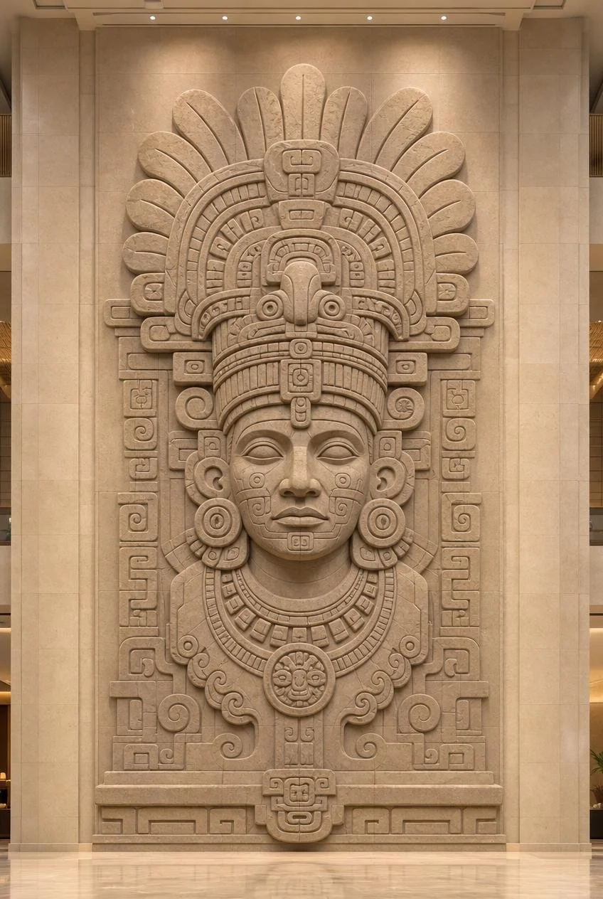 Large Mayan-Aztec God Walll sculpture in sandstone - Solaro Art Collection