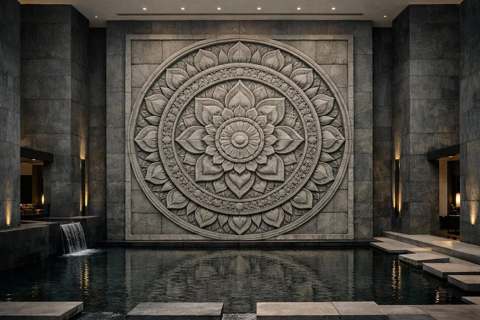 A large, intricate stone mural of a mandala featuring layered floral patterns, flanked by dark stone walls and small waterfalls on either side, with stepping stones leading across a reflective water pool.
