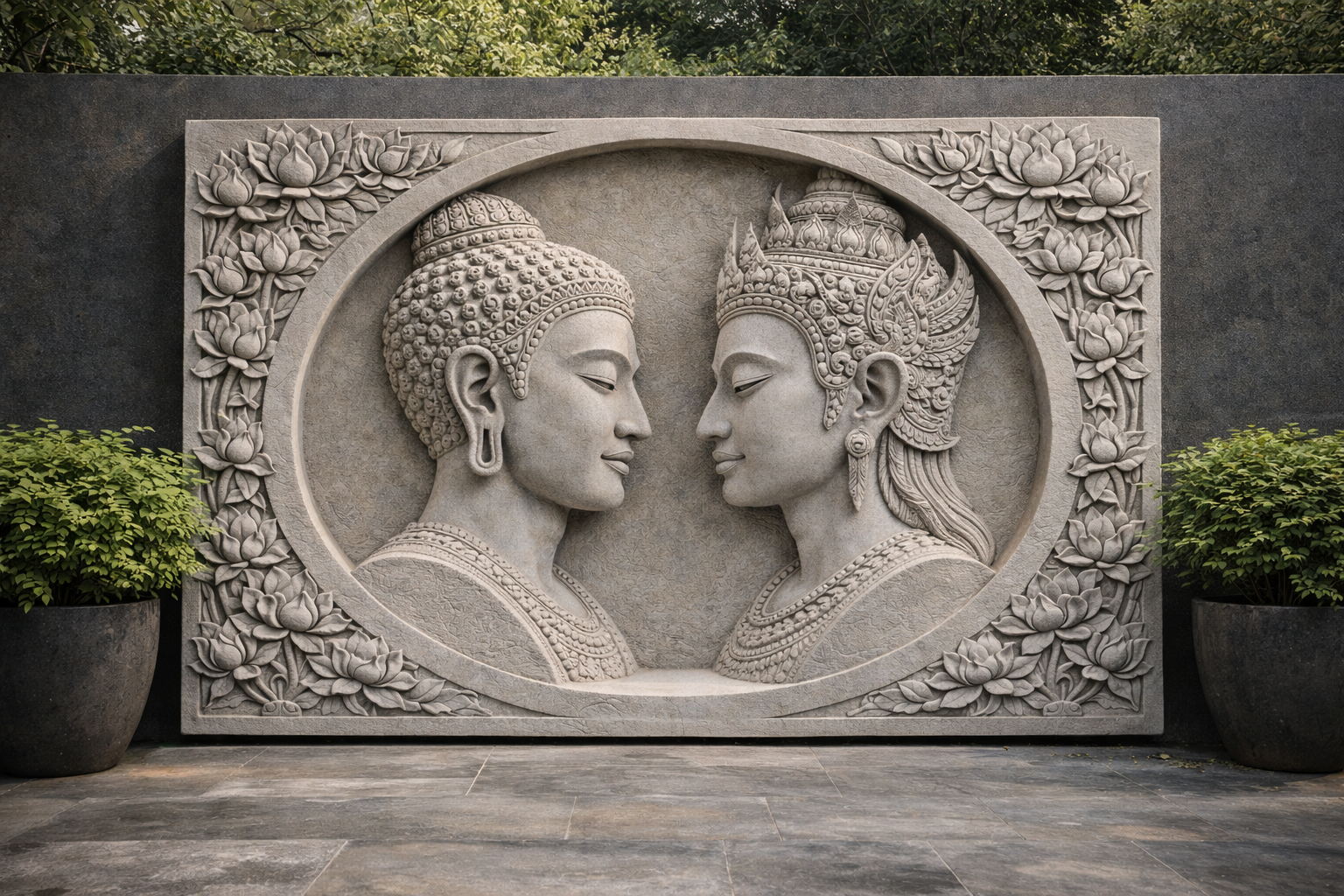 Large-scale stone carved wall sculpture inspired by Cambodian culture. By Solaro Art Collection.