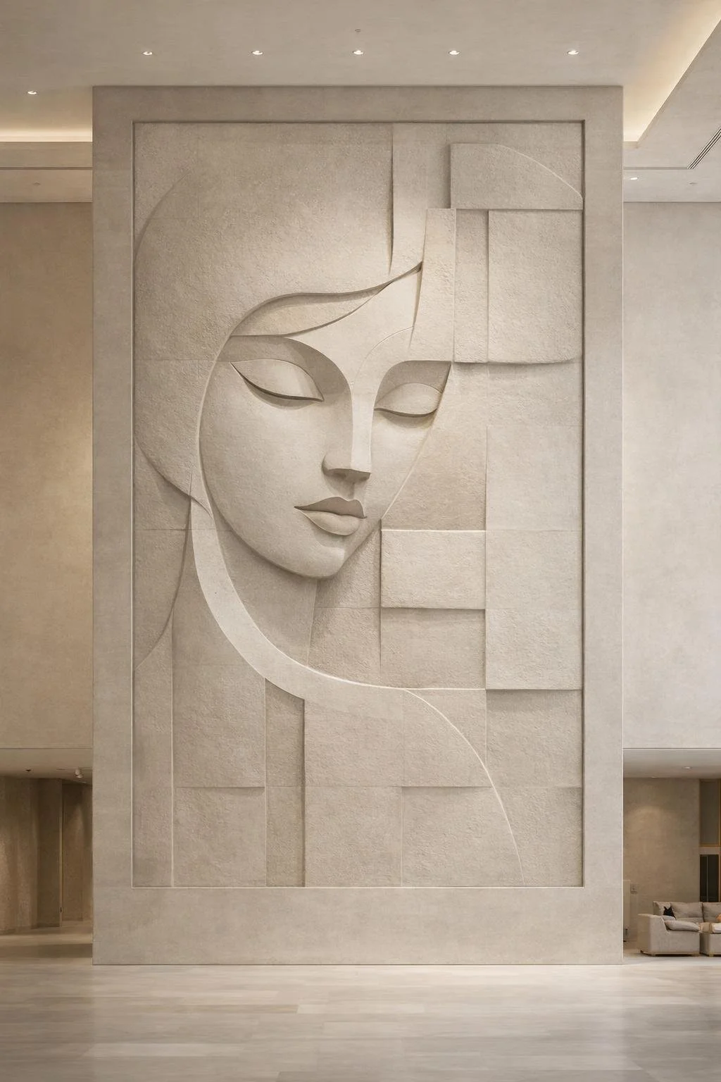 Large-scale cubist figurative female face wall sculpture. Unique masterpiece, Solaro Art Collection