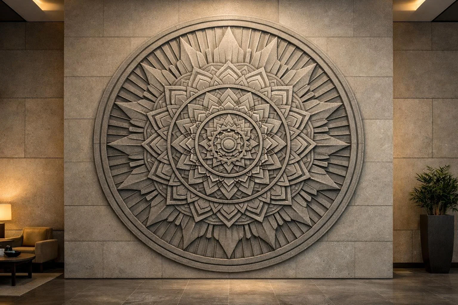 This extraordinary 3-meter diameter mandala is intricately carved directly into a grey sandstone wall, displaying a stunning array of geometric patterns and radiating petals.