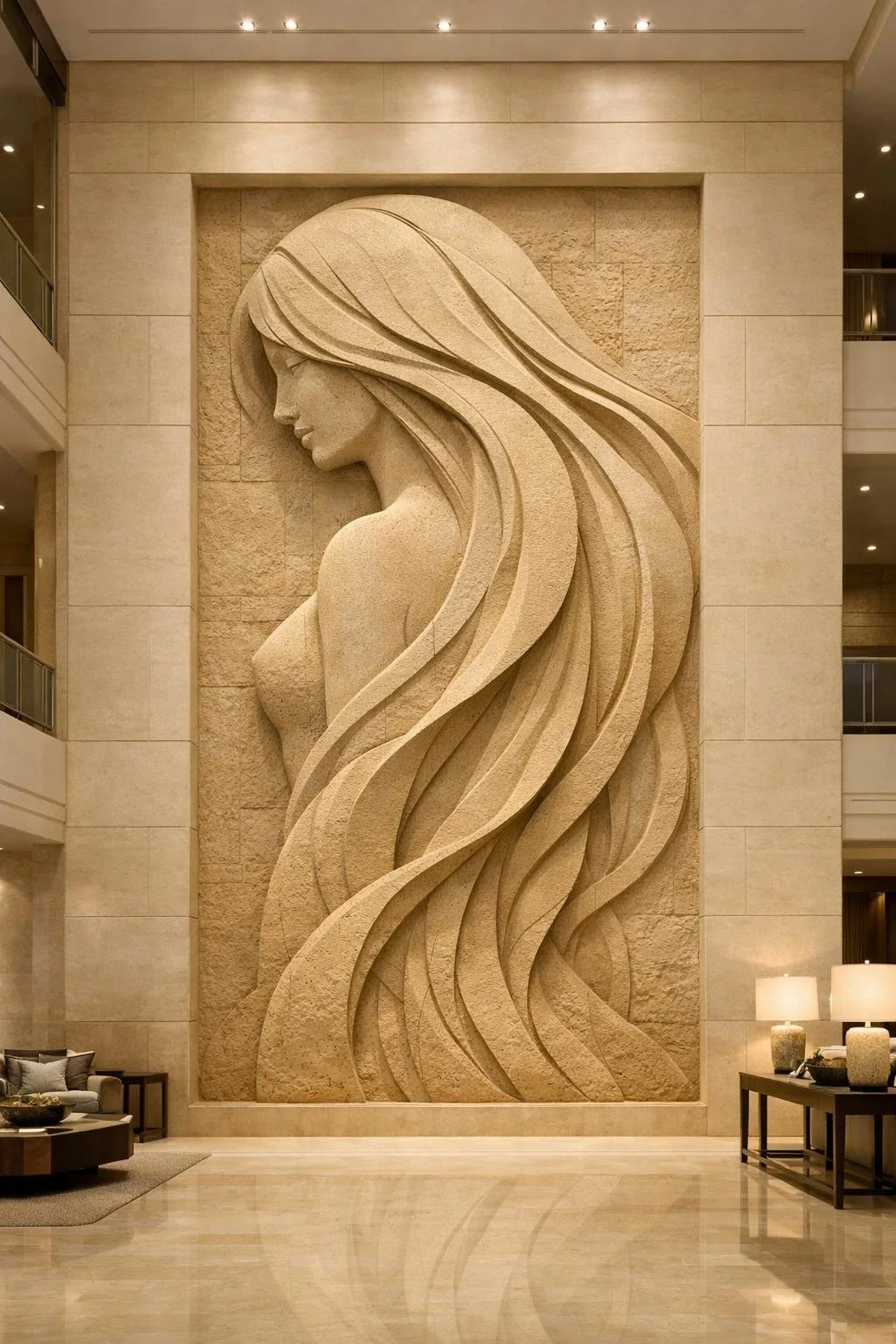 Her Form in Motion, modern abstract female silhouette wall relief, yellow sandstone. Solaro Art Collection