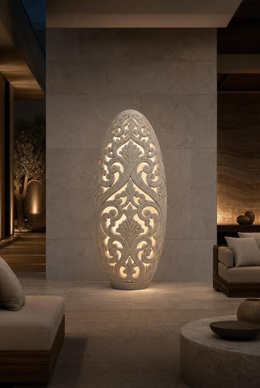 Large contemporary light sculpture with arabesque patterns