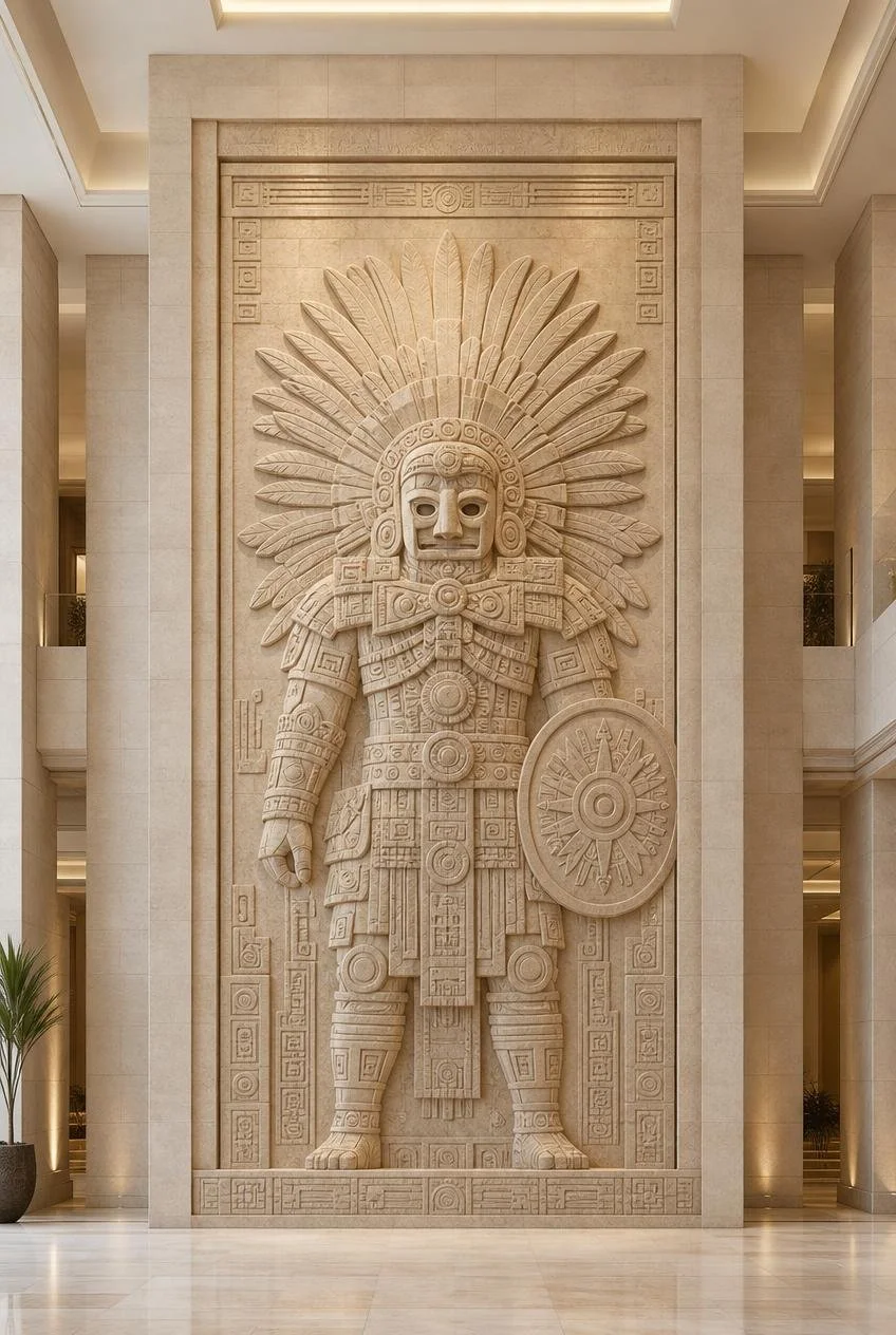 Modern large-scale Aztec-Mayan inspired warrior Sculpture integrated in a luxury interior space - Solaro Art Collection