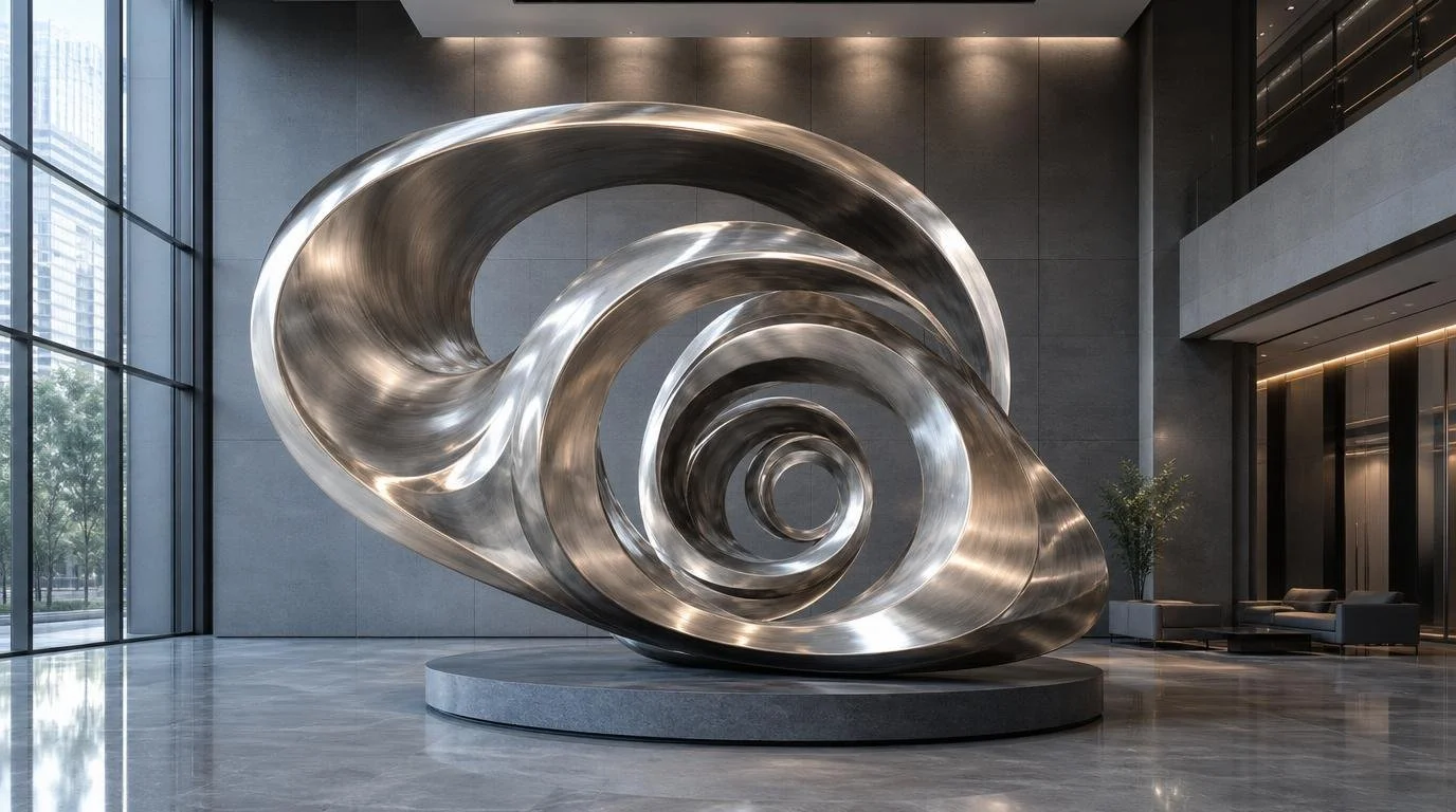 Colossal abstract spiral sculpture in metal inside a corporate lobby