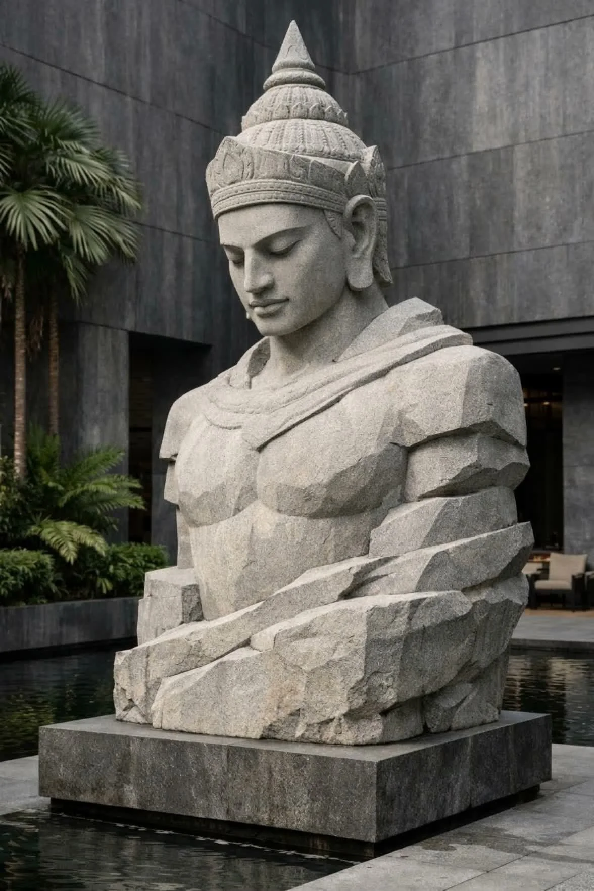 A stone sculpture of a serene warrior with a detailed headdress, partially unfinished with chiseled sections at the bottom, placed outdoors a luxury hotel.