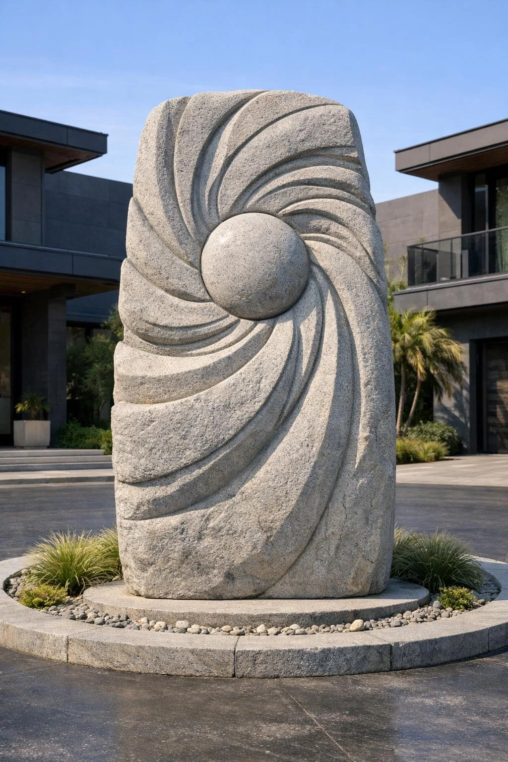 A large abstract stone sculpture with swirling patterns and a central round element, placed outdoors in front of modern luxury villa.