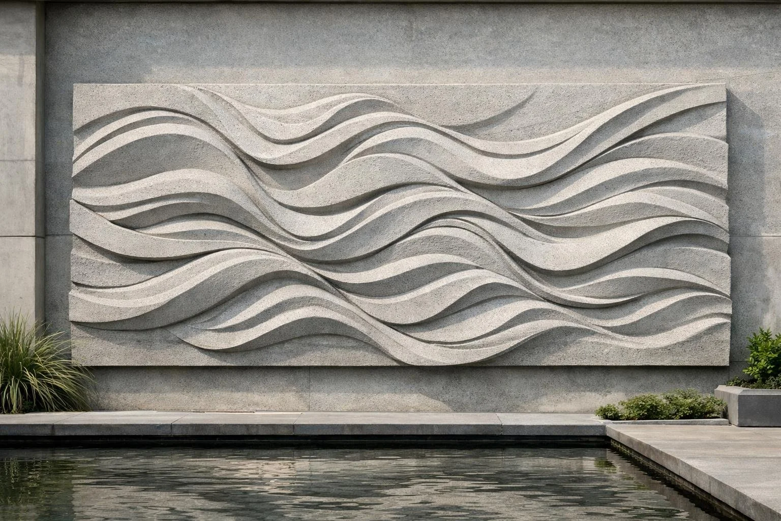 Architectural horizontal wall sculpture with abstract waves. By Solaro Art Collection