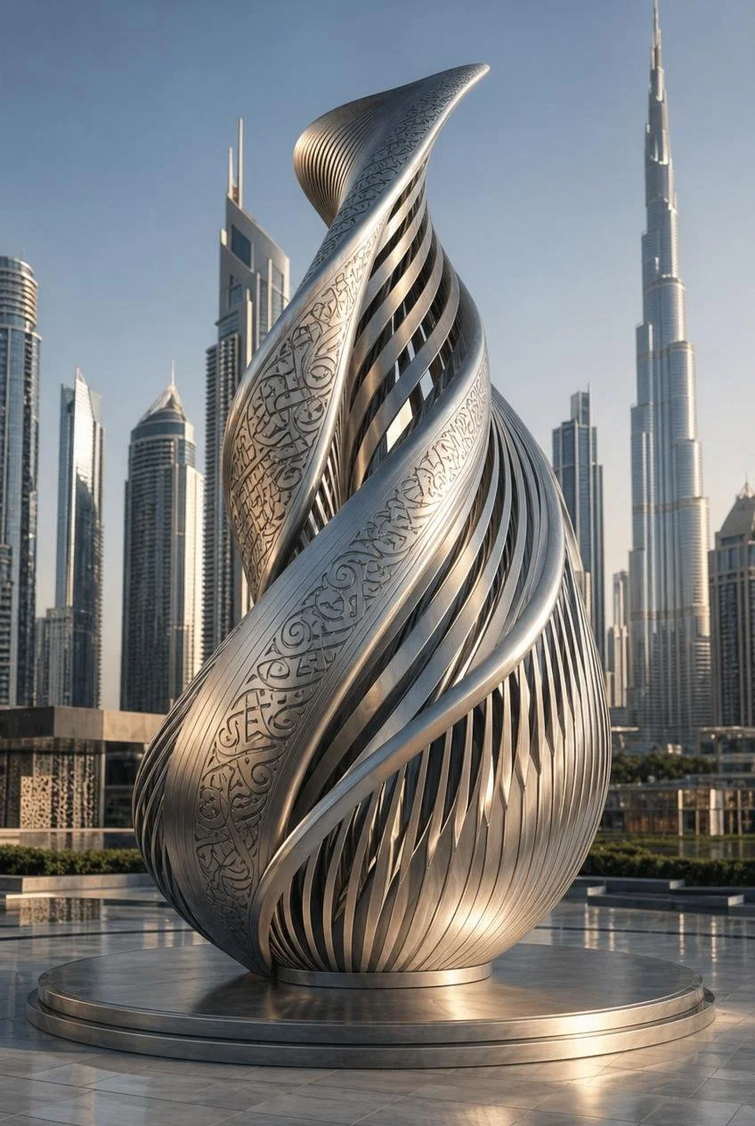 A modern metallic sculpture with arabesque patterns and twisting design, set against a city skyline with tall skyscrapers, including the Burj Khalifa in Dubai.