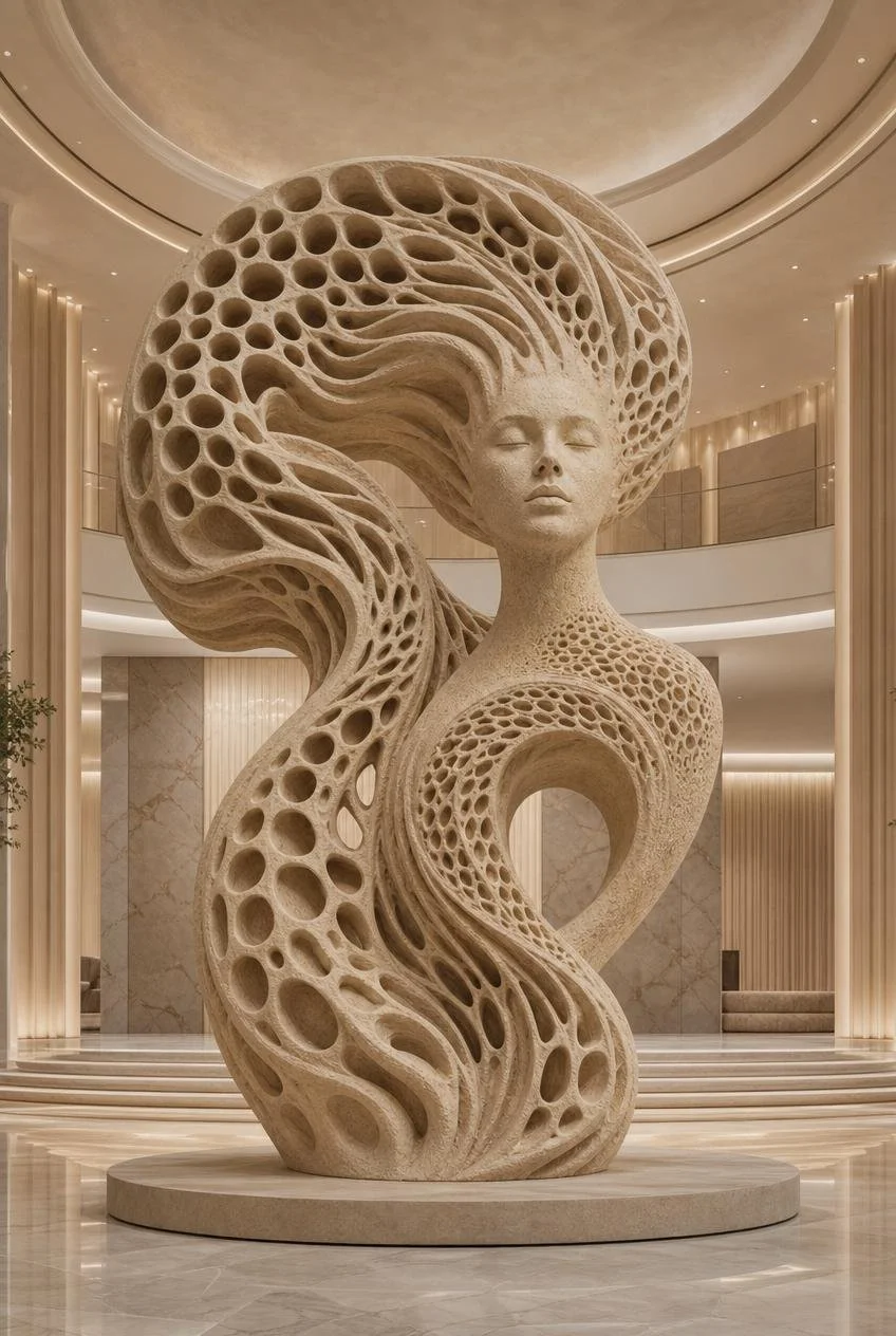 Large abstract female organic statue in luxury lobby