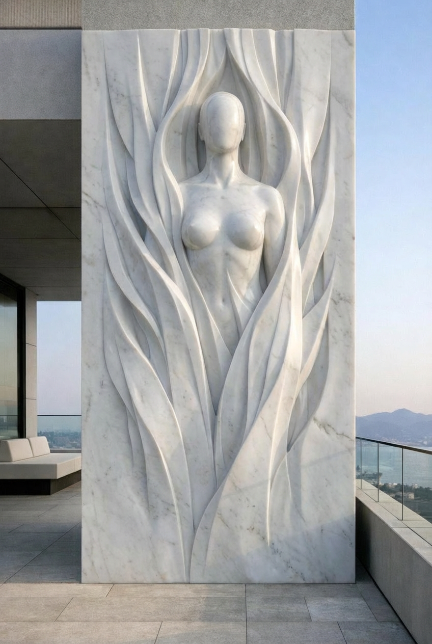 Marble modern wall sculpture of a faceless female figure surrounded by flowing, leaf-like shapes on a tall rectangular marble panel. Unique piece. Solaro Art Collection.