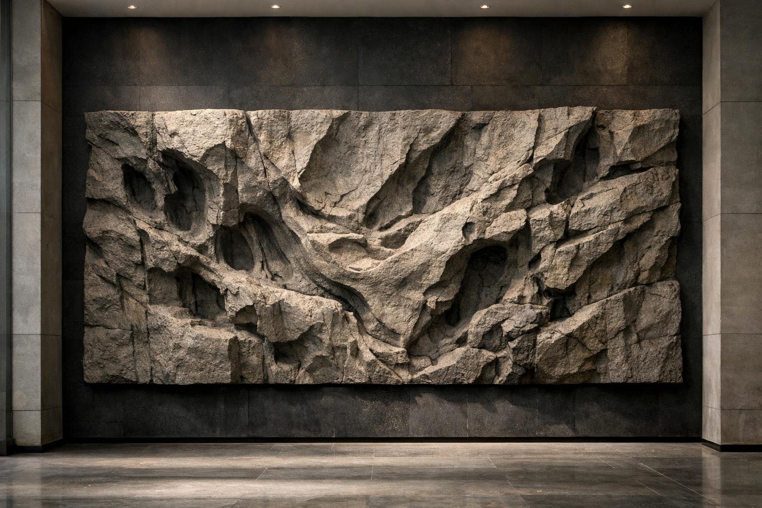 Large-scale brutalist organic stone carved wall sculpture. Modern contemporary wall relief for luxury spaces. Solaro Art Collection