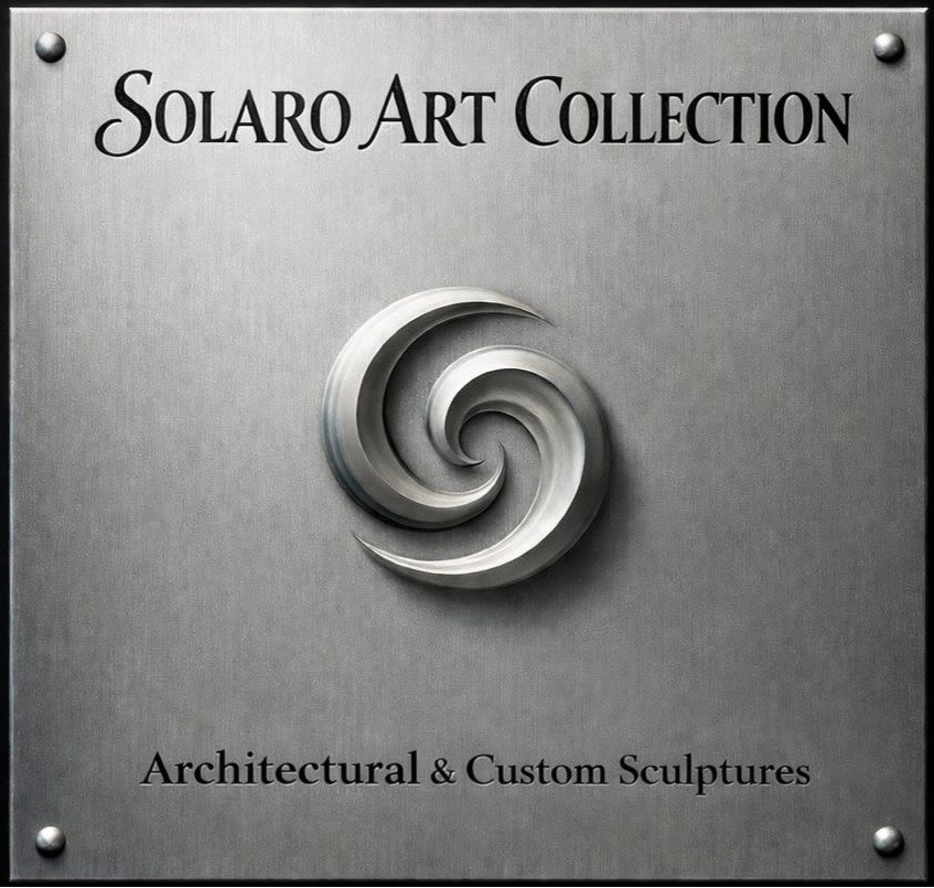 Business sign for Solaro Art Collection featuring a metallic sculpture logo and the text "Architectural & Custom Sculptures."