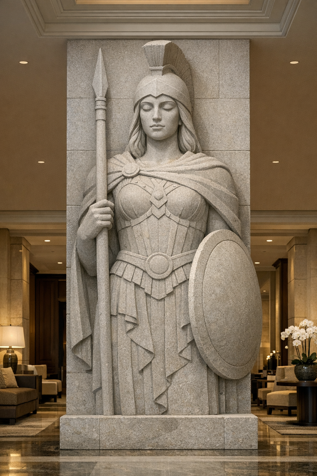 A large stone sculpture of a female warrior holding a spear in her right hand and a shield in her left hand, wearing a helmet with a plume, armor, and a cape, located inside a building with a polished floor and seating area.