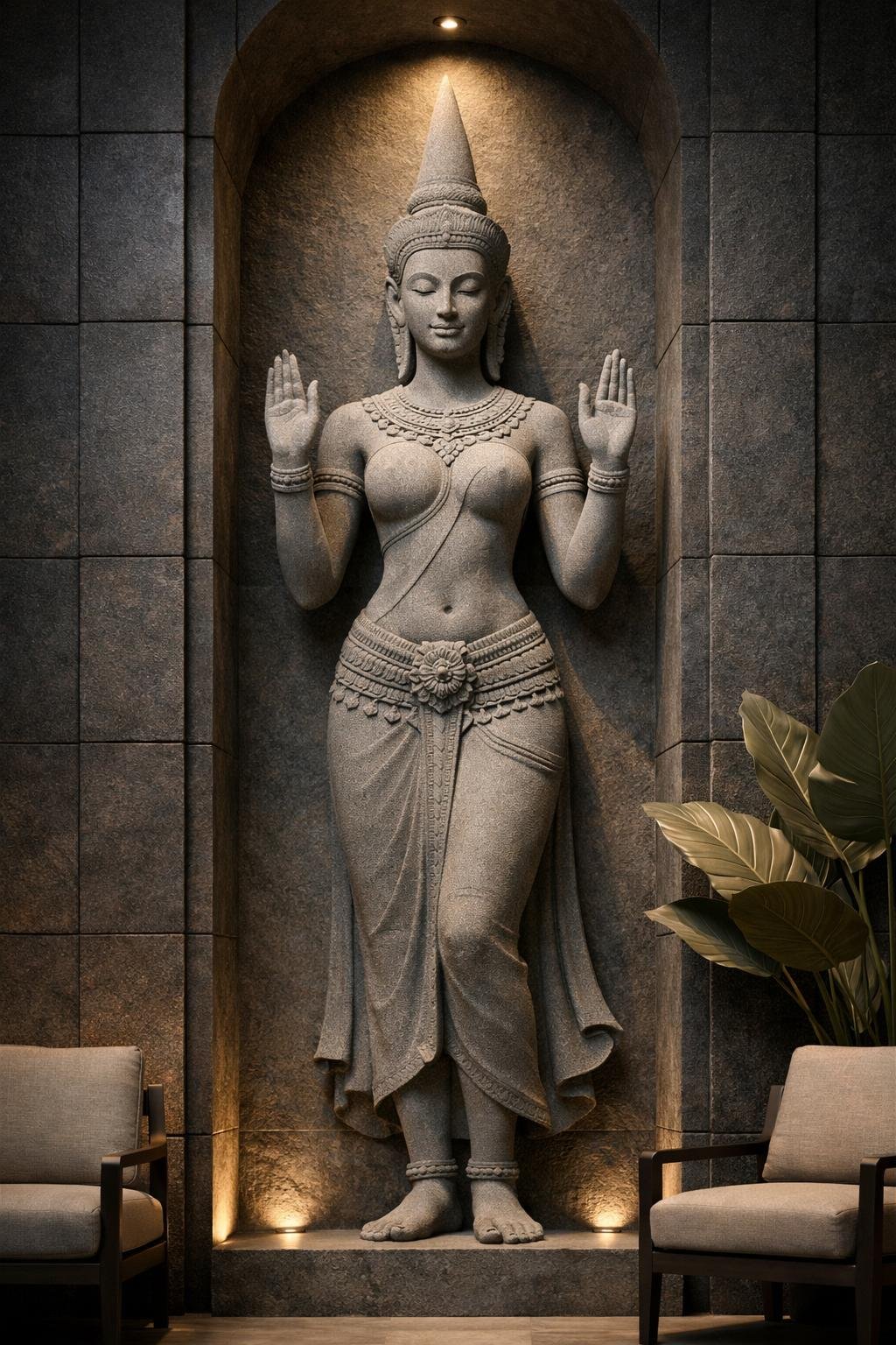 A stone architectural sculpture of a traditional Southeast Asian woman with jewelry, standing with hands raised. Unique piece made to order, total exclusivity. Solaro Art Collection.