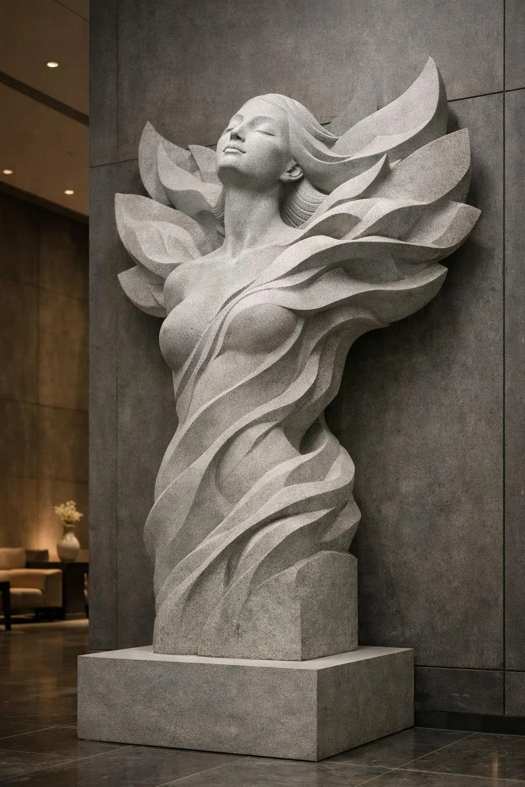 Gray stone sculpture of a woman with flowing hair and abstract swirling lines, mounted on a square base against a dark wall.
