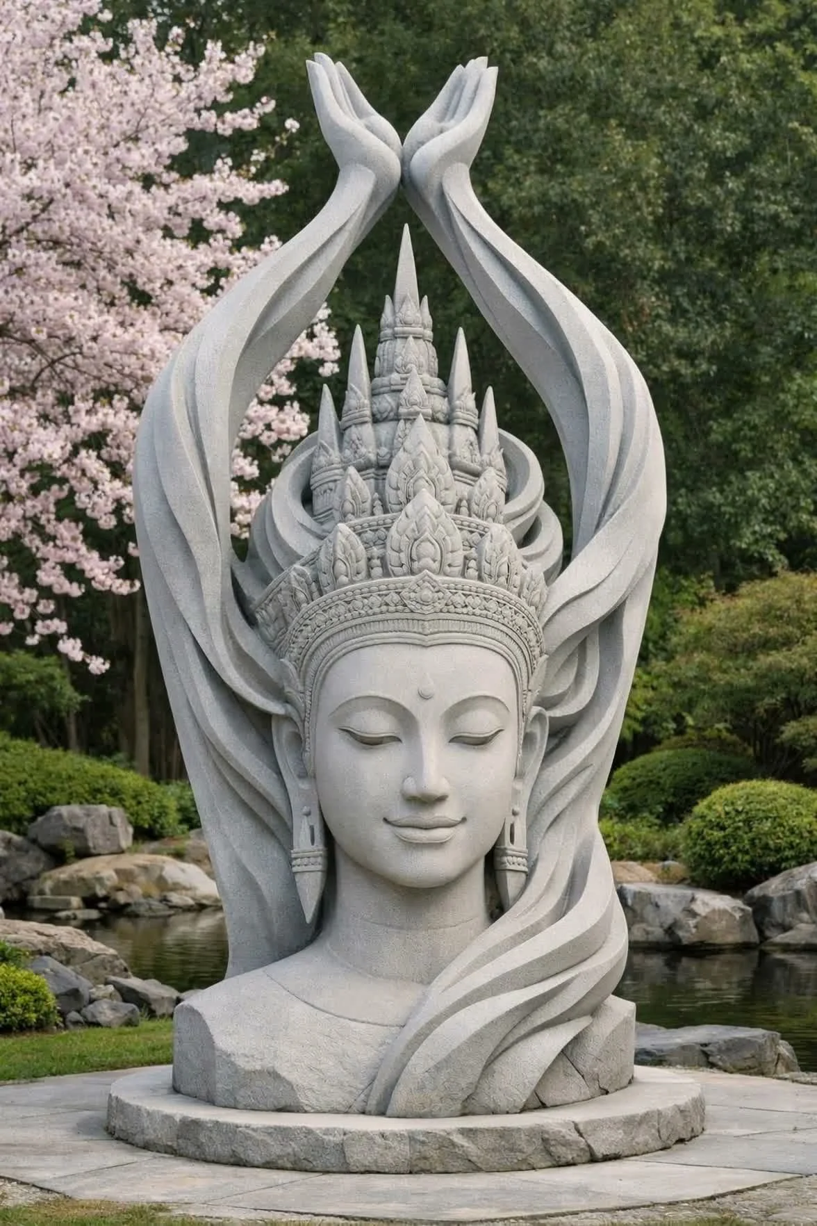A large stone sculpture of a serene female face with closed eyes, wearing an intricate headdress. The sculpture features two hands gently raised above the head, forming a protective enclosure around a tiered, spire-like structure. The background consists of pink cherry blossoms and green trees, with a pond and rocks at the base of the sculpture.