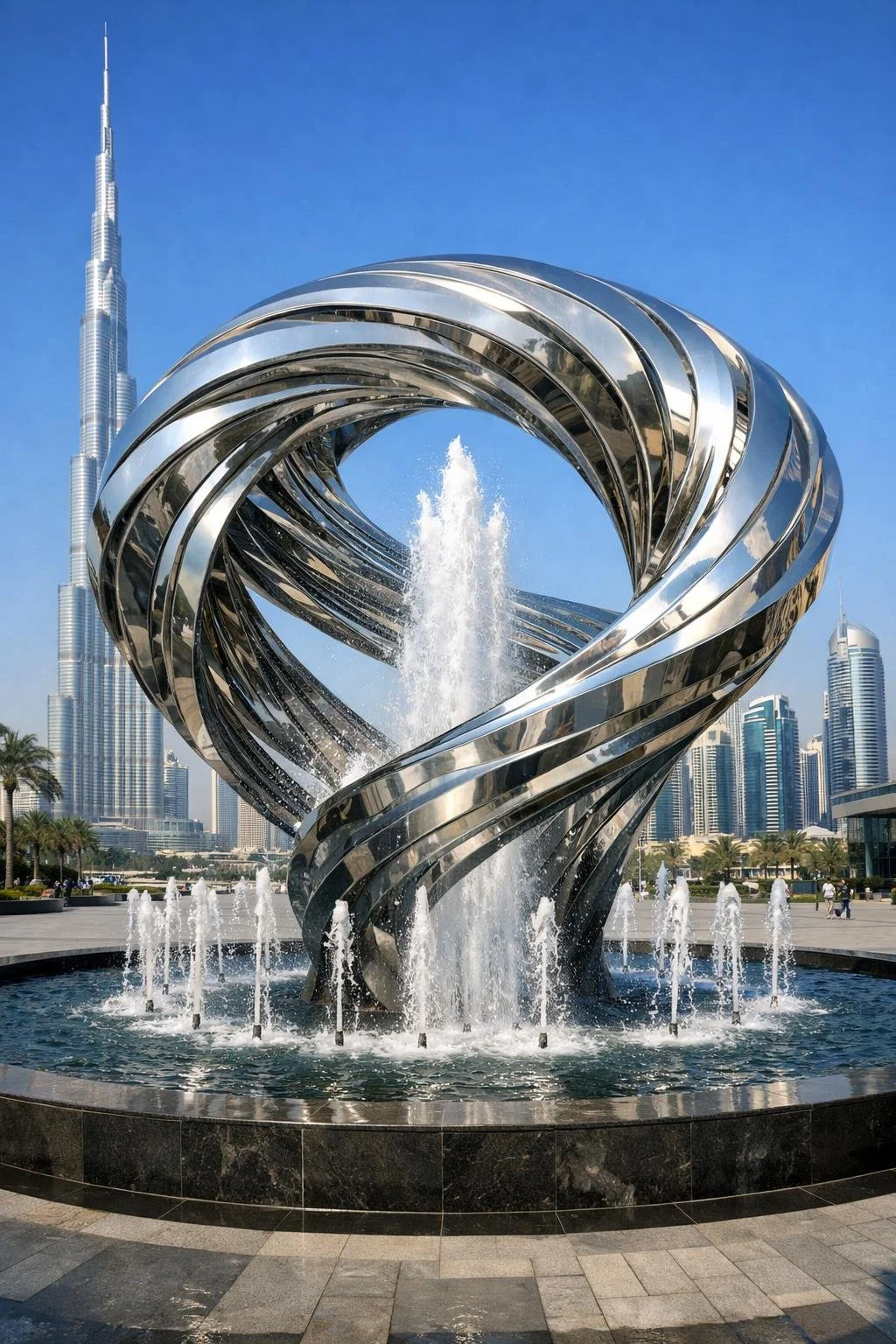 A modern city fountain with a twisted metal sculpture at its center, surrounded by water jets and located in an urban area with tall skyscrapers and clear blue sky.