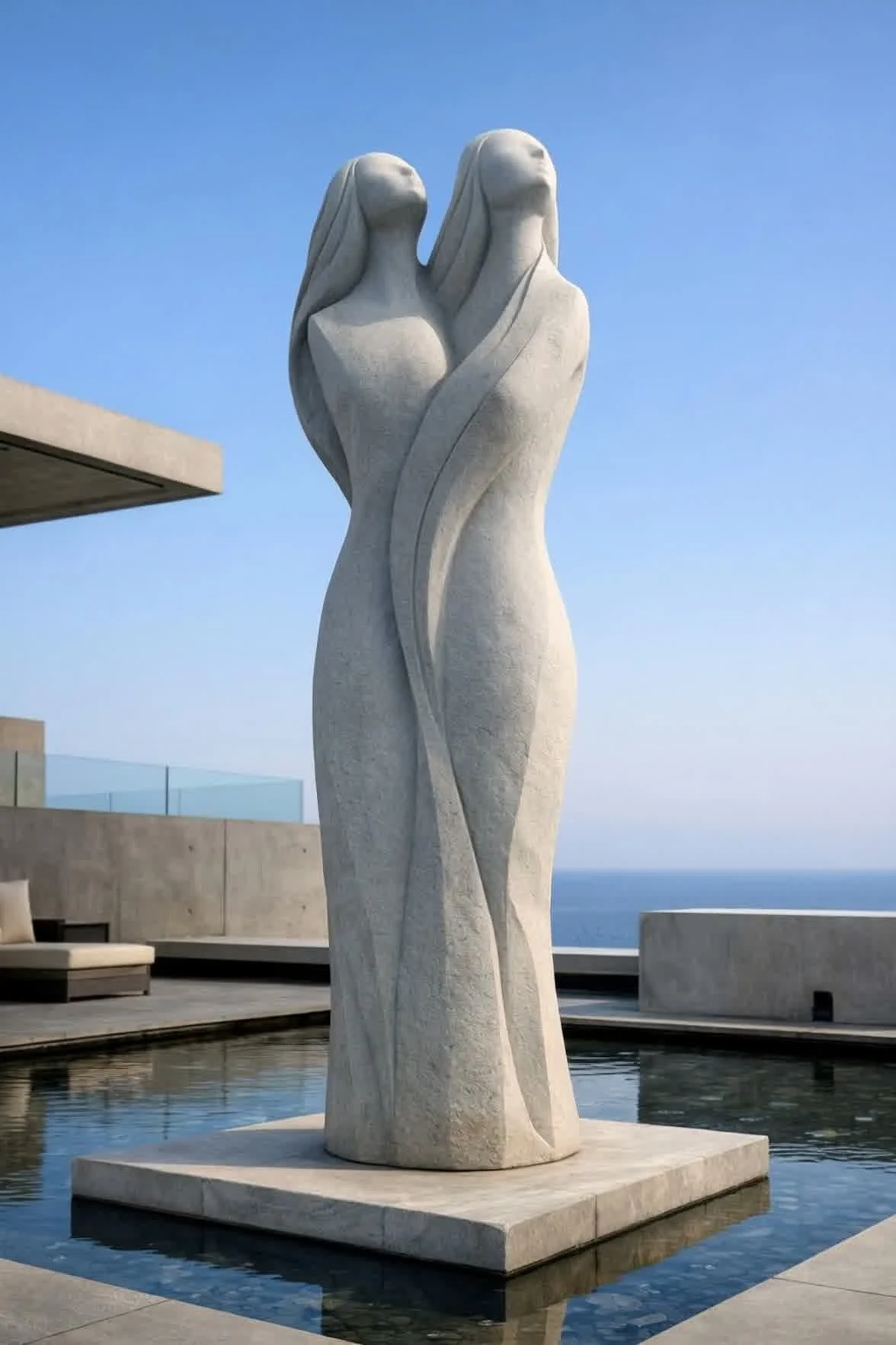 Custom large scale abstract statue, contemporary style perfect for hotels or other luxury architectural incorporation. By Solaro Art Collection.