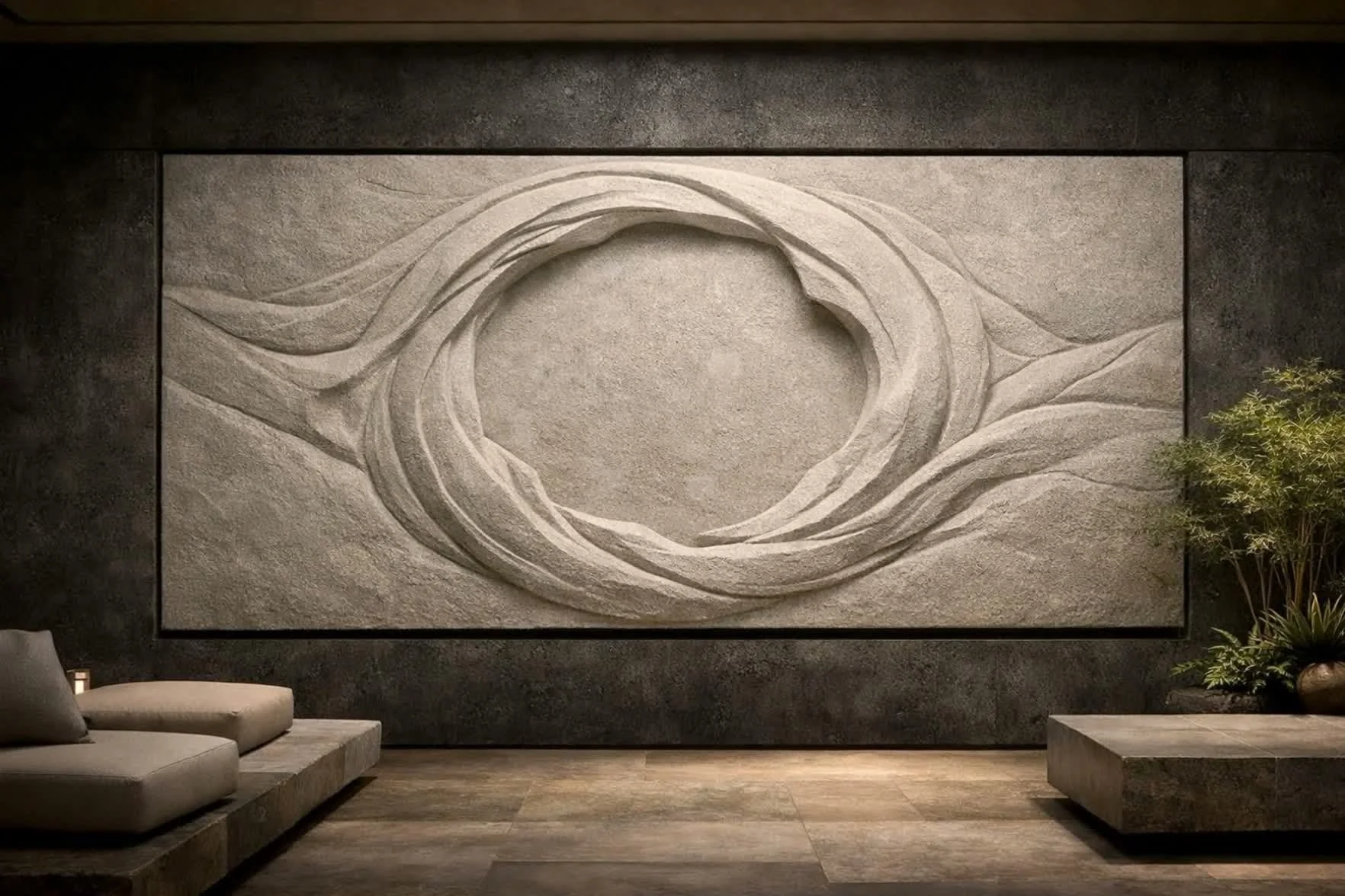 A large abstract stone wall art featuring swirling patterns, surrounded by dark walls .