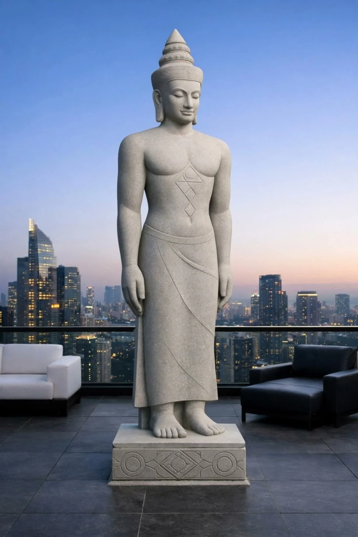 Statue of an Asian Guardian wearing a traditional dress, standing indoors on a pedestal with a city skyline in the background.
